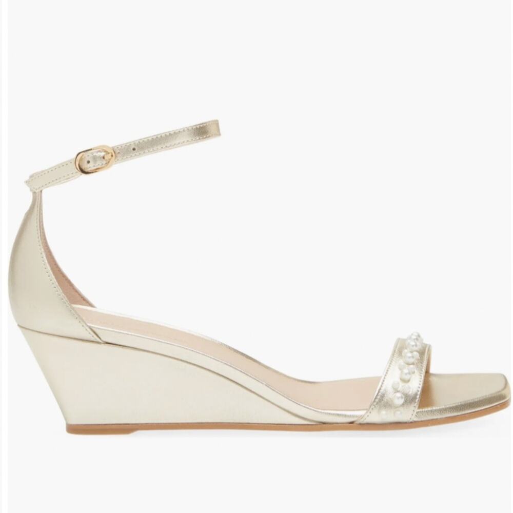 Stuart Weitzman Nudist Curve Faux Pearl Demi Curve Wedge Sandal Size 9.5